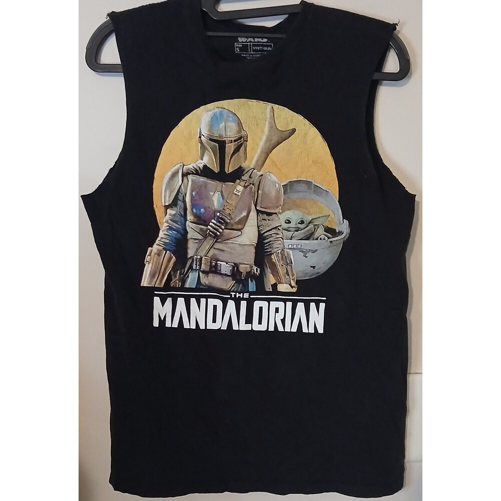 STAR WARS MANDALORIAN T-SHIRT Mens Small Black Grogu Baby Yoda Graphic Cutoff